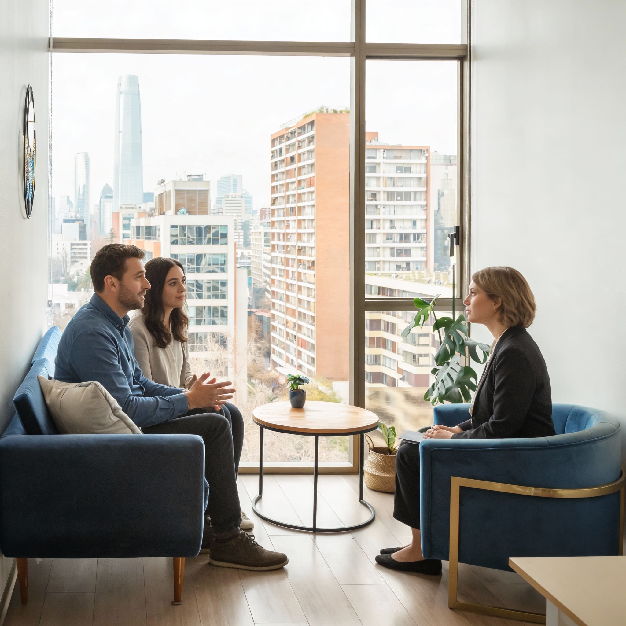 Sesión de terapia de pareja en consultorio moderno, con psicóloga atendiendo a un hombre y una mujer sentados en un sofá azul.