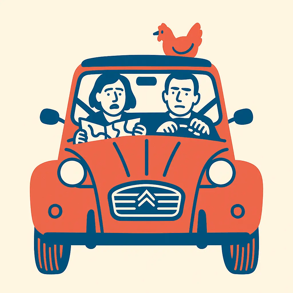 Équipe en 2CV rouge lors d'un rallye team building décalé La Jeance
