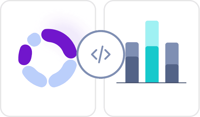 Two side-by-side icons show a circular design with purple and blue segments on the left, and a bar chart with blue and teal columns on the right, separated by a code symbol in the center, representing data analysis and programming.