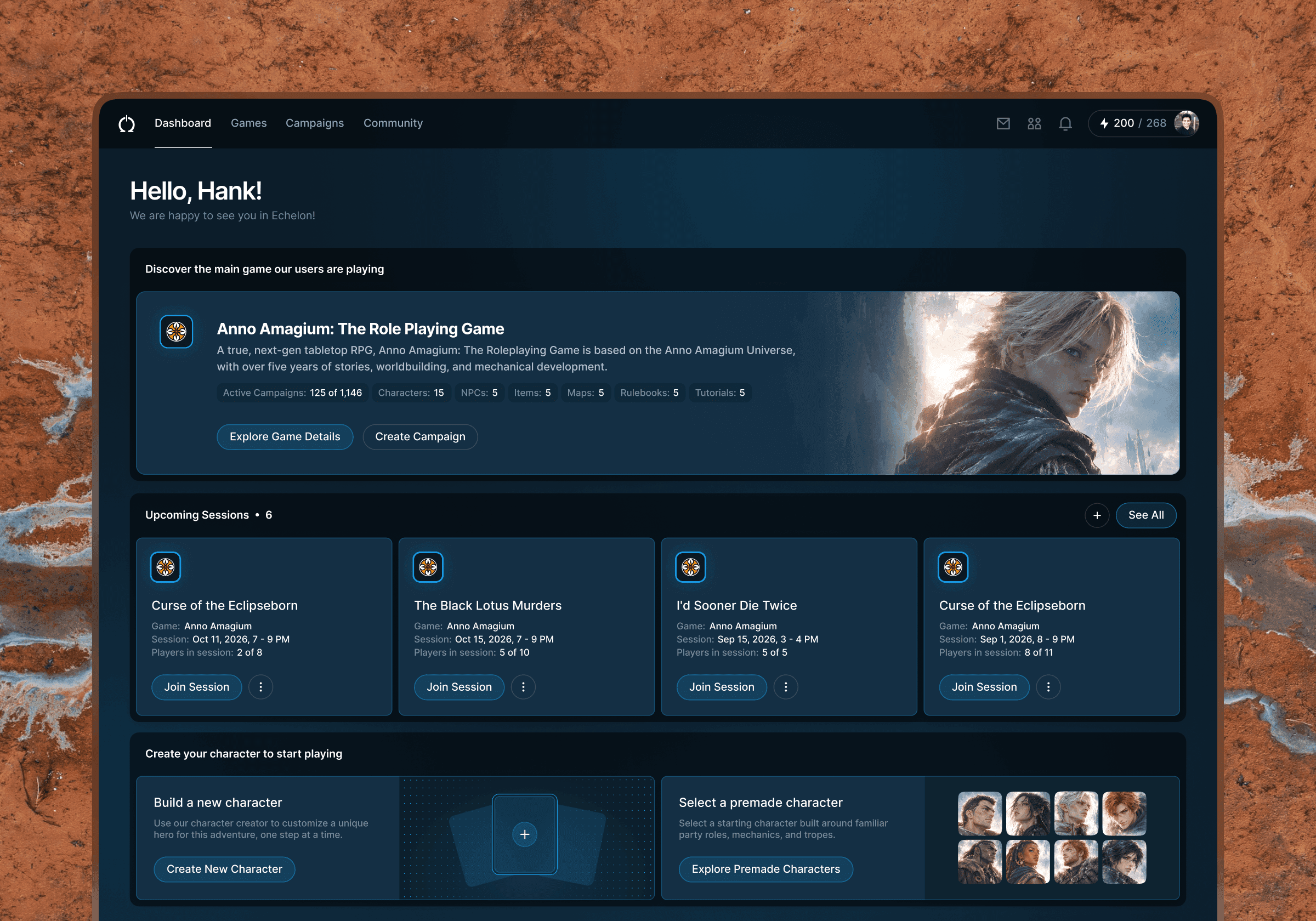 Echelon digital tabletop gaming platform interface