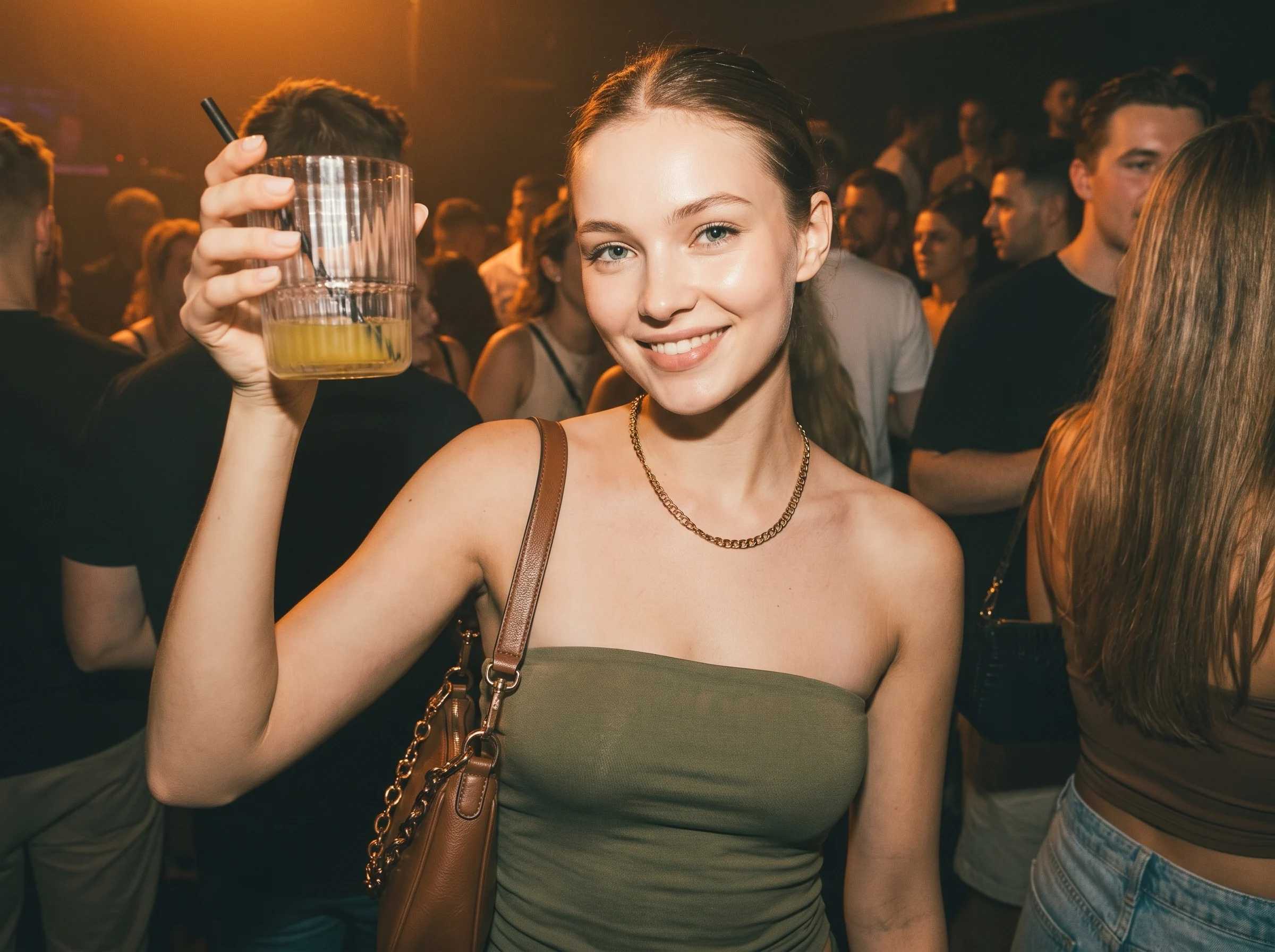 Belgrade nightlife - Women is smiling to camera with a cocktail in her hand cheering to the camera