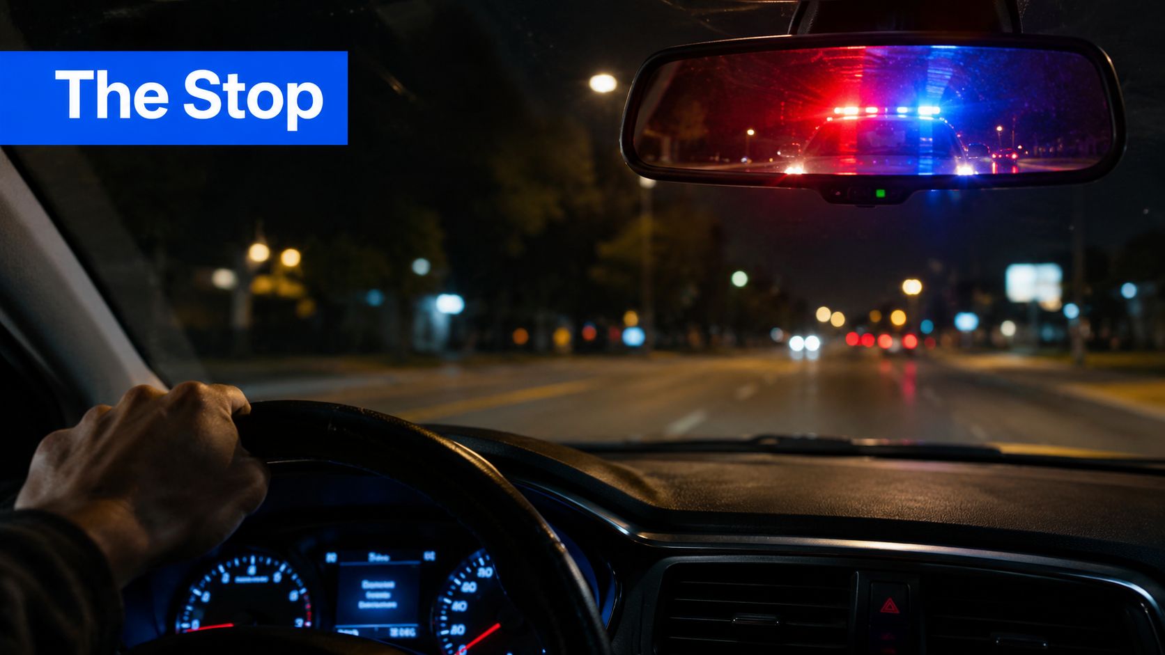 A view from inside a car at night as a driver is pulled over by police lights.