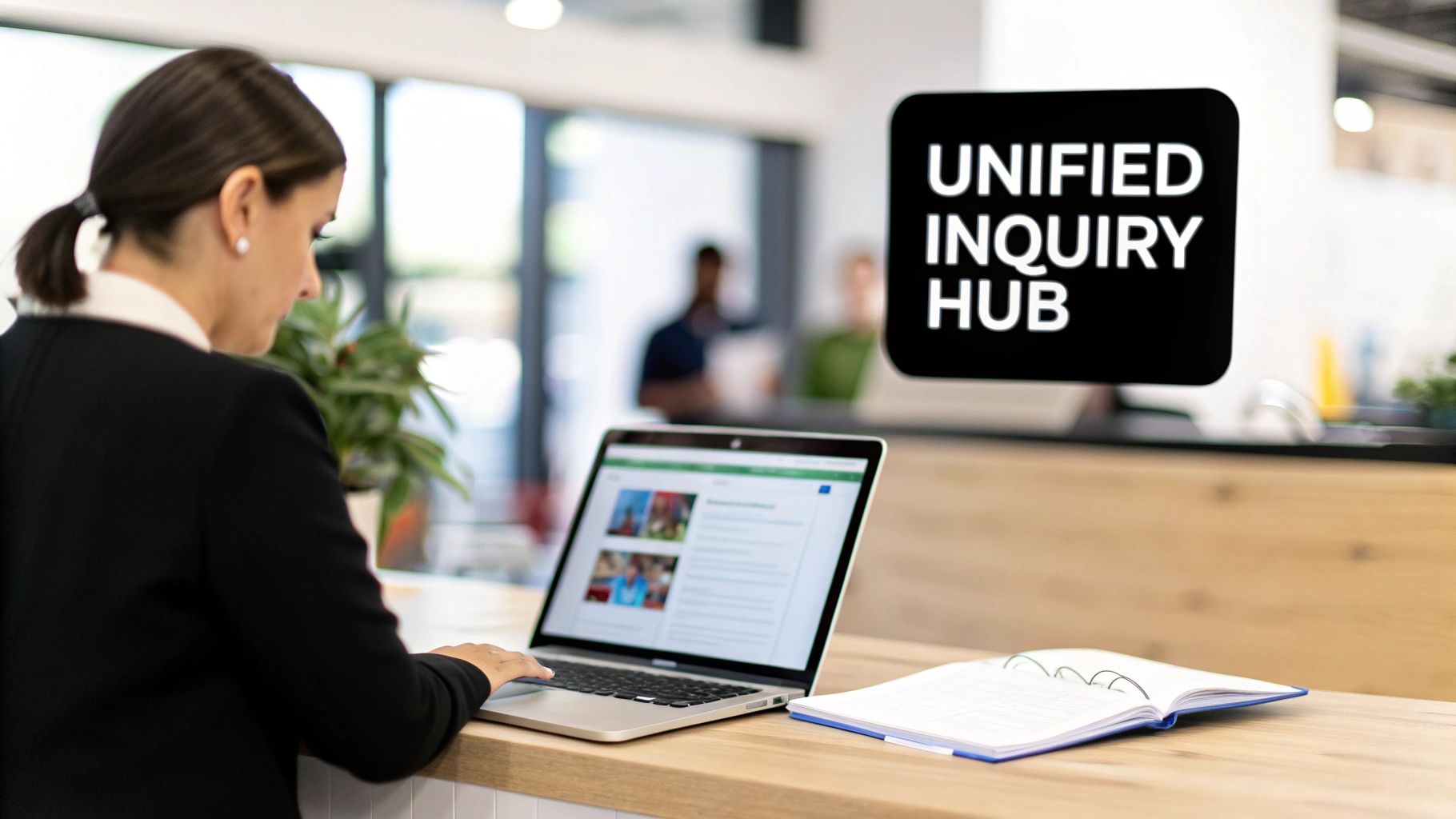 Woman in professional attire working on a laptop at a desk with an 'Unified Inquiry Hub' sign in the background.