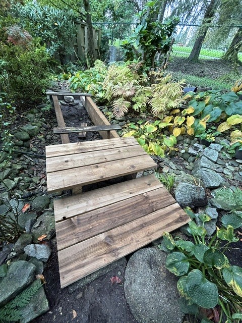 Newly constructed wood garden footbridge following replacement of the deteriorated structure.
