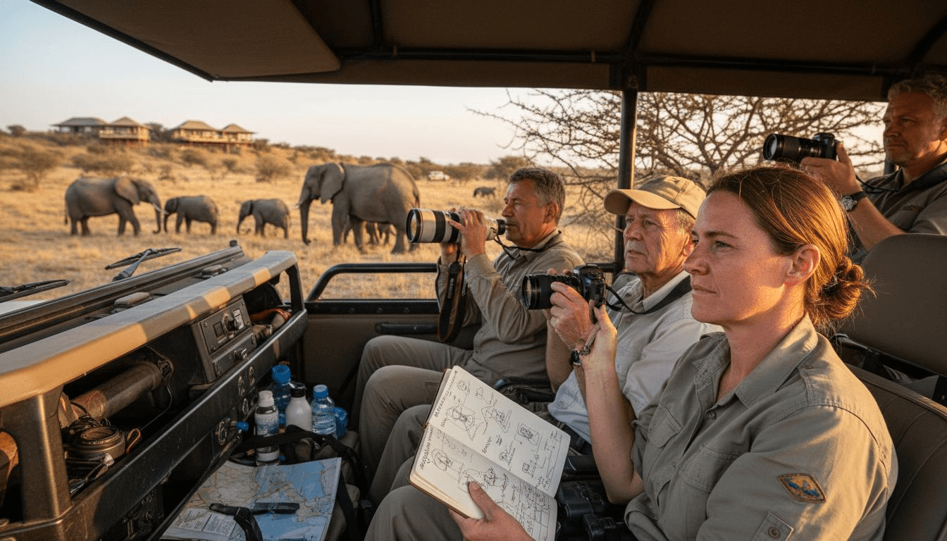 Guests observe wildlife from safari vehicle