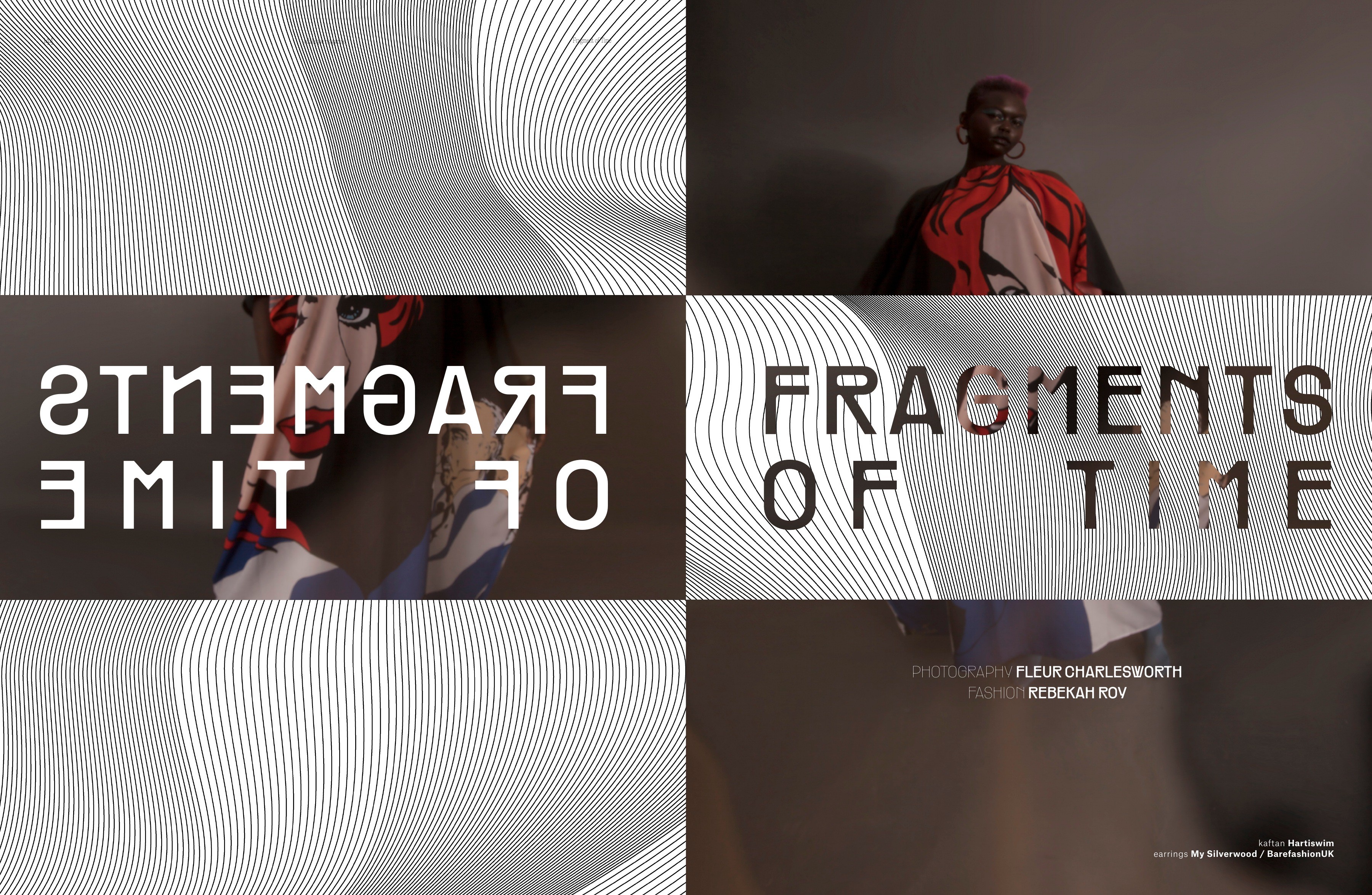 A fashion spread divided into alternating image and type blocks with mirrored lettering.