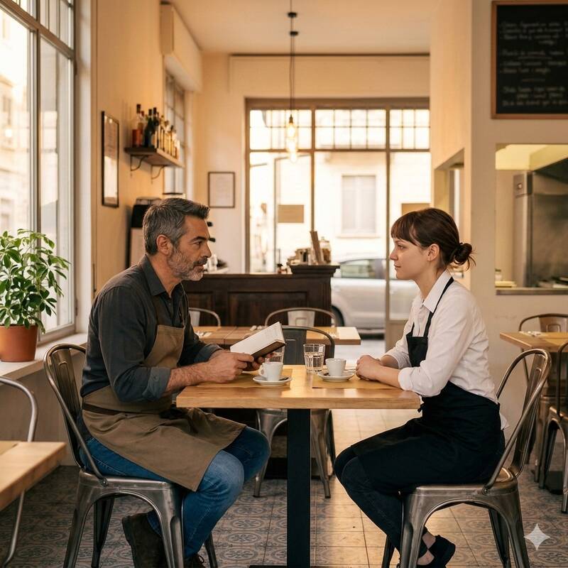Alberto e Ginevra durante il colloquio al bistrot