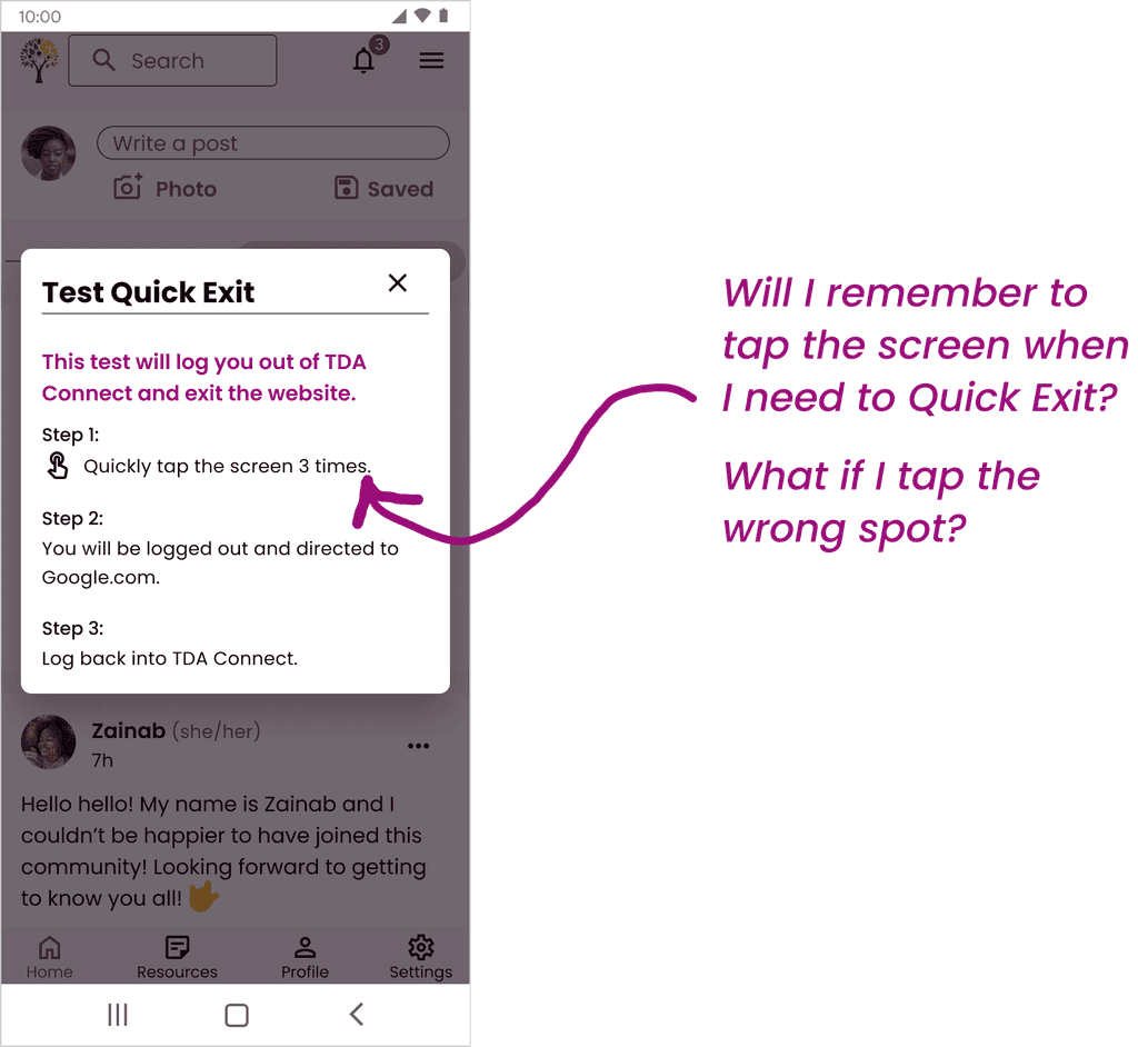 Phase 1 Quick Exit Test Instruction Screen for Mobile