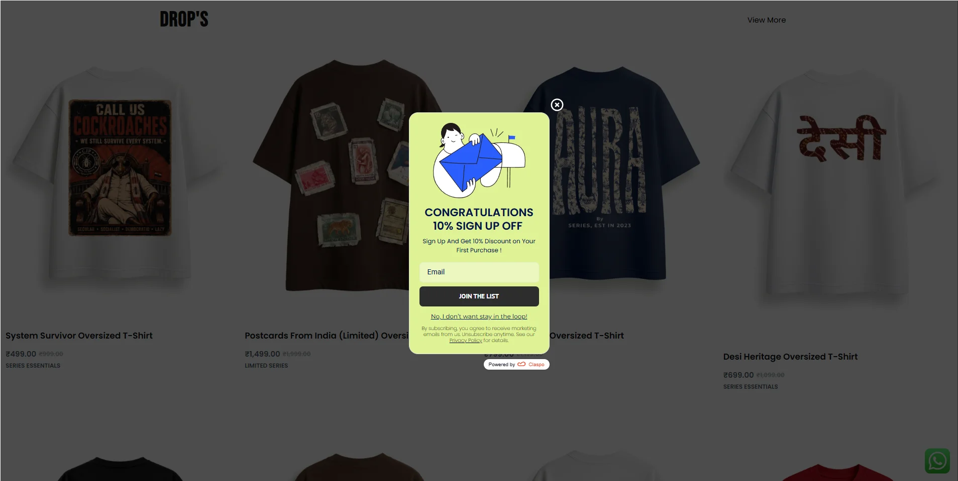 A centered e-commerce email subscription popup on the Series Clothing apparel website offering a 10% discount using an optimized, single-field email form layout.
