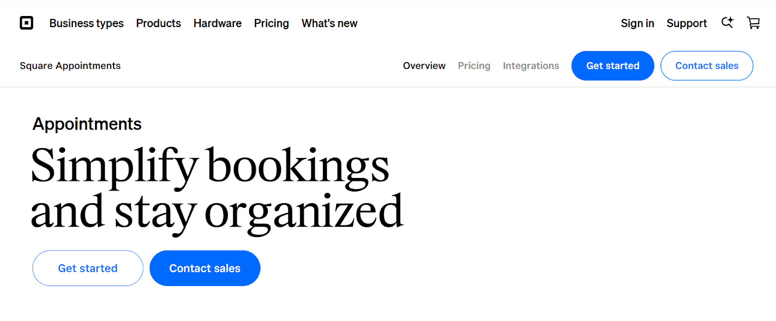 Homepage screenshot of Square Appointments showcasing the navigation bar and hero section