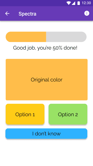 Color-blind test screen of Spectra, featuring a progress bar at the top to indicate progress