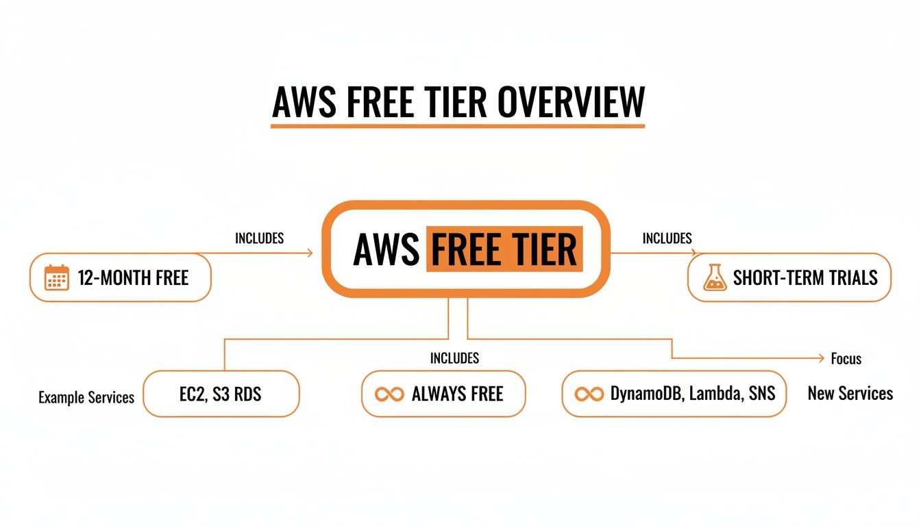 Diagram detailing AWS Free Tier components: 12-month free, always free, and short-term trials with service examples.