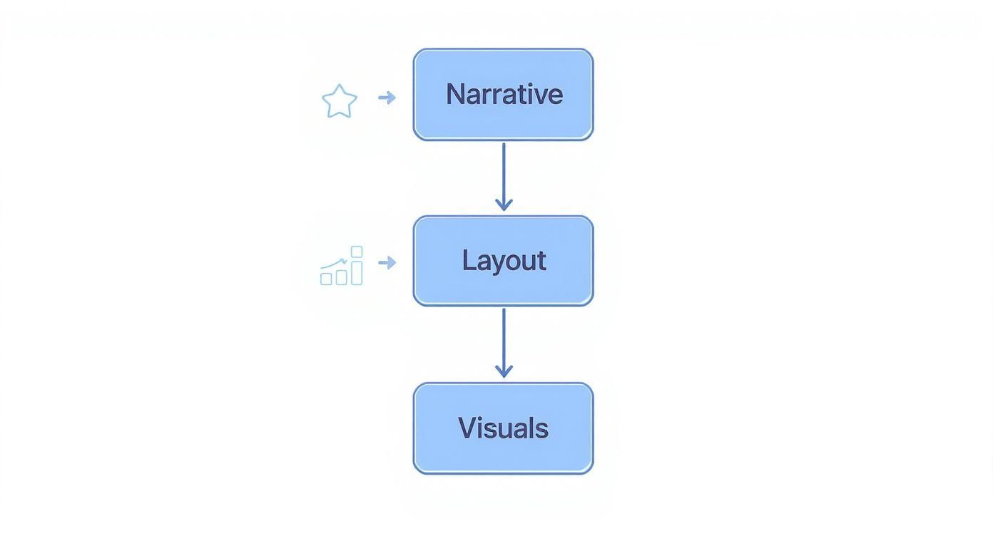 A vertical flowchart outlines the three key steps for effective data visualization: Narrative, Layout, and Visuals, with illustrative icons.