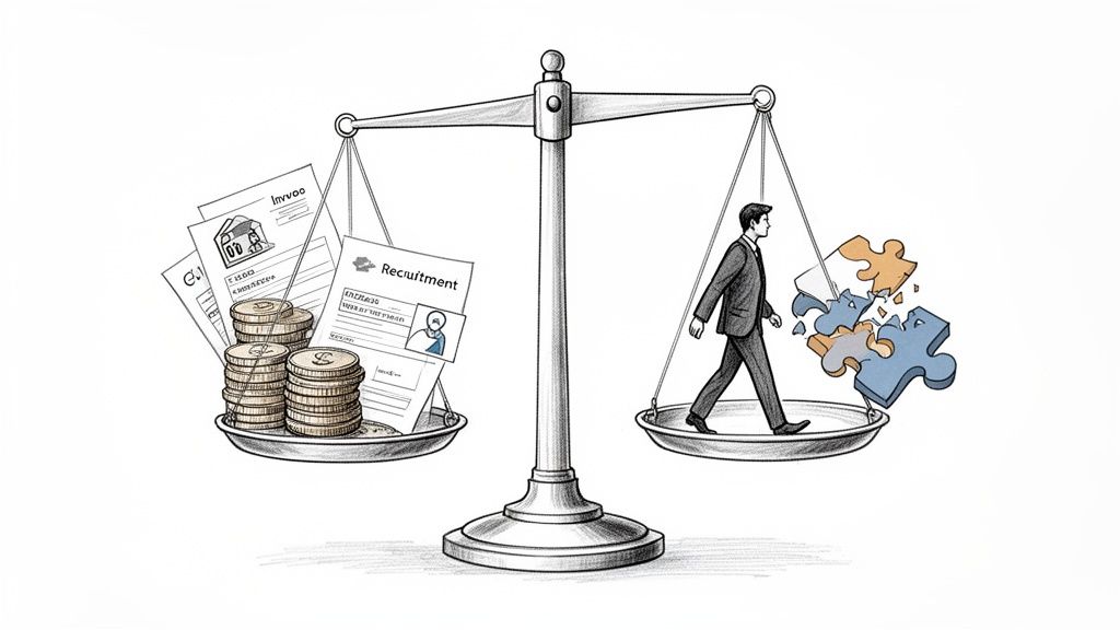Scales balancing heavy recruitment costs and paperwork against the light impact of employee turnover.