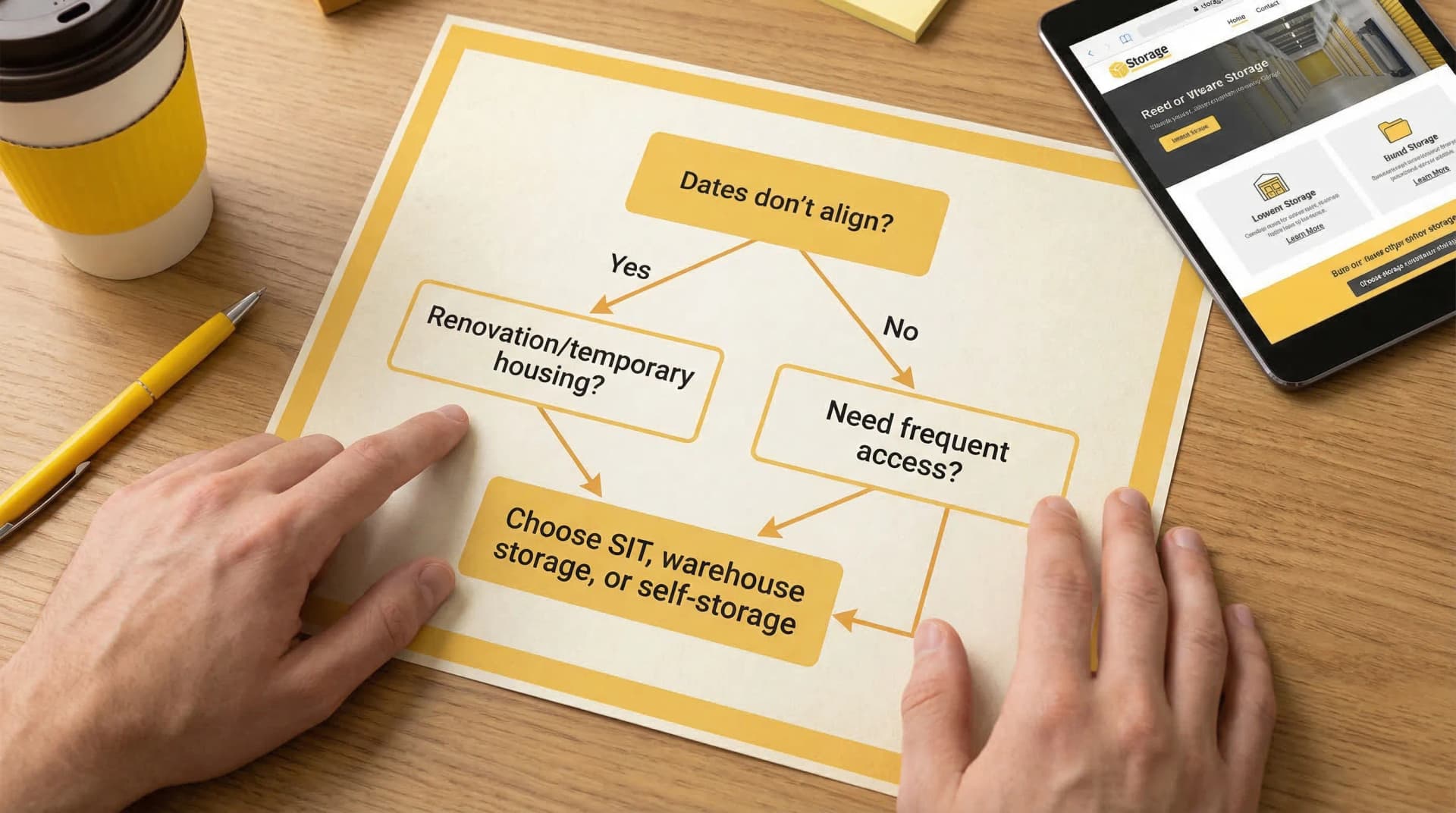 A simple decision flowchart with four boxes: “Dates don’t align?” “Renovation/temporary housing?” “Need frequent access?” and “Choose SIT, warehouse storage, or self-storage,” showing a clear path to the best storage option.