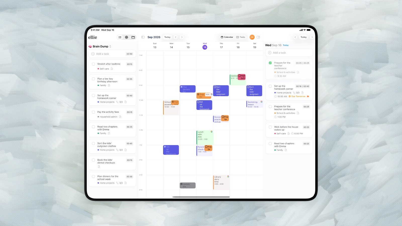 Ellie iPad weekly calendar with timeboxed demo tasks beside calendar events.