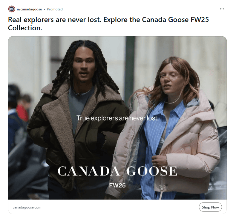 Canada Goose Reddit Free-Form Ad and Dynamic Product Ad used across the same campaign.