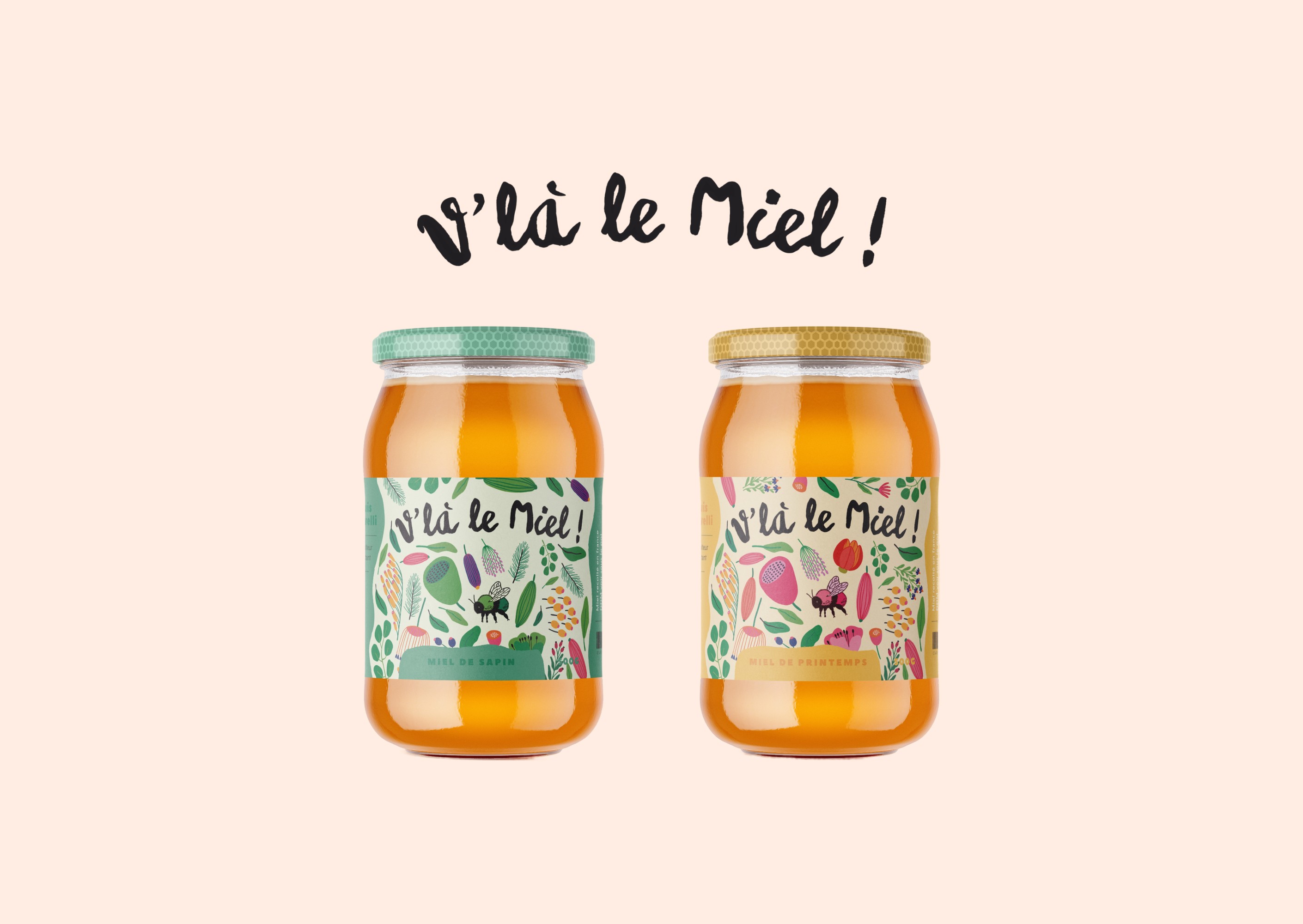 Packaging de pot de miel avec illustrations colorées