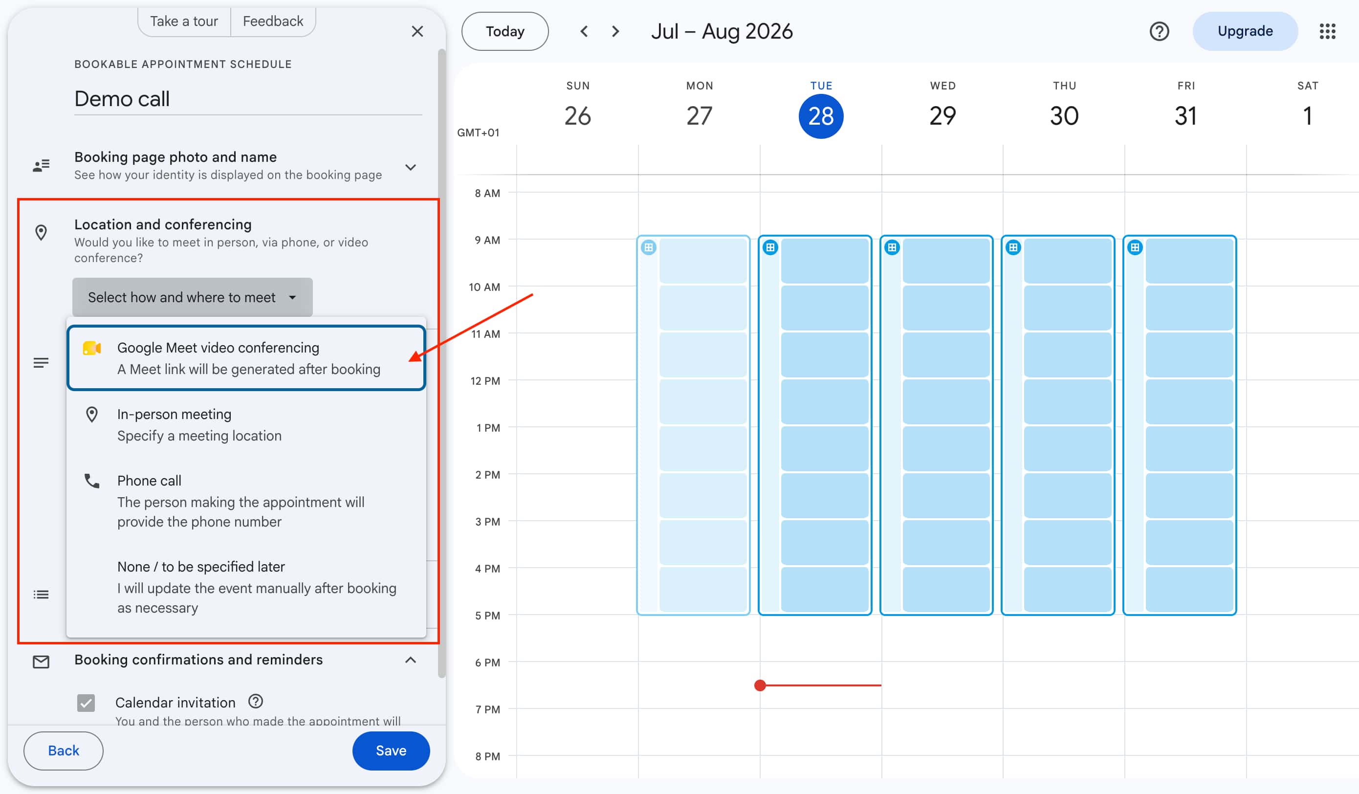Google Appointment Scheduling meeting location settings page