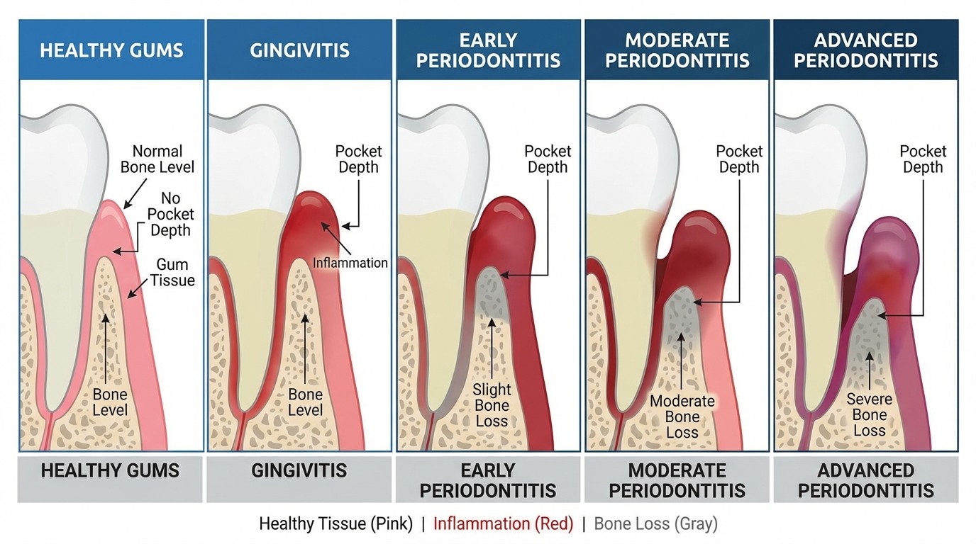 Medical illustration showing the four stages of gum disease progression from healthy gums and bone through gingivitis, early periodontitis, moderate periodontitis, and advanced periodontitis at Veda Family Dentistry.
