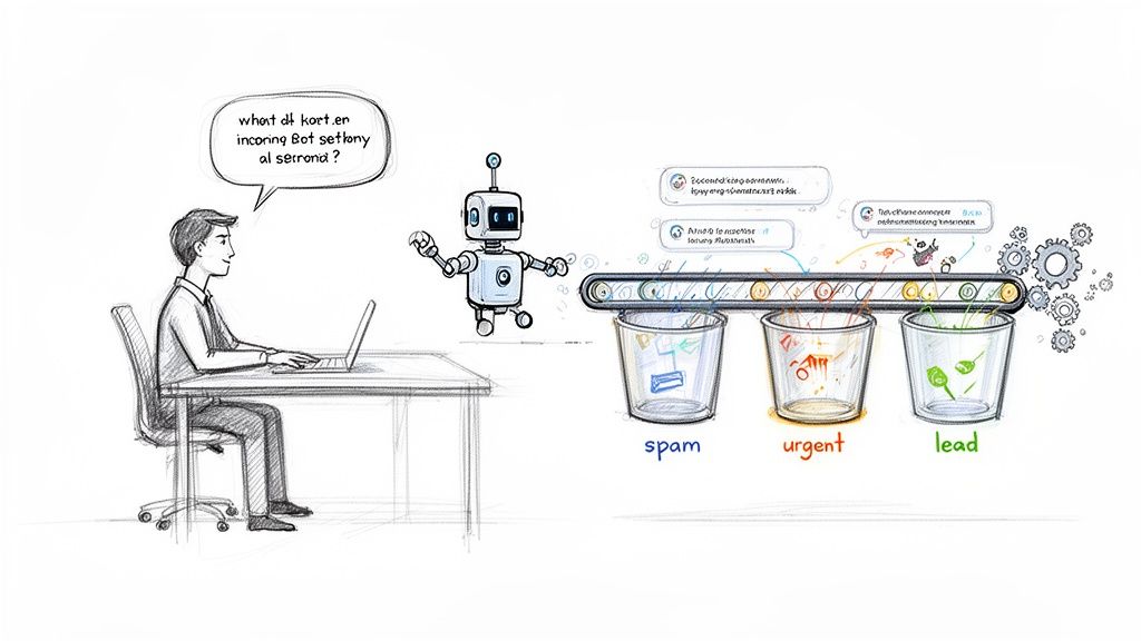 A person with a robot uses a conveyor belt system to sort incoming messages into spam, urgent, and lead categories.