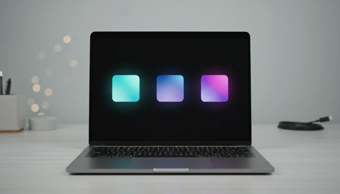 DSLR product photograph of a modern, thin space gray laptop sitting on a light-colored wooden desk. The shot is a straight-on, eye-level view, captured with soft studio lighting that creates gentle reflections. The laptop's screen is on, displaying three minimalist, glowing square icons against a black background, with vibrant color gradients of cyan, blue, and purple. The focus is extremely sharp on the laptop's metallic texture and keyboard, while the desk accessories and background wall are softly blurred, creating a shallow depth of field with a clean bokeh effect.