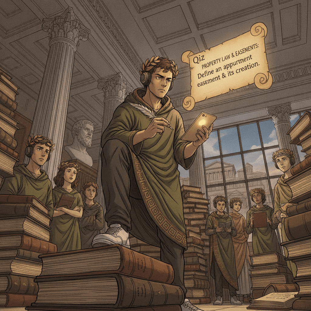 Determined student surrounded by towering stacks of real estate law books and contract binders while a glowing quiz question about property law hovers above a golden smartphone