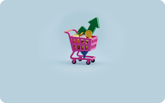 Pink 3D shopping cart filled with gold coins and a green upward arrow, representing conversion engineering and user flow optimization.