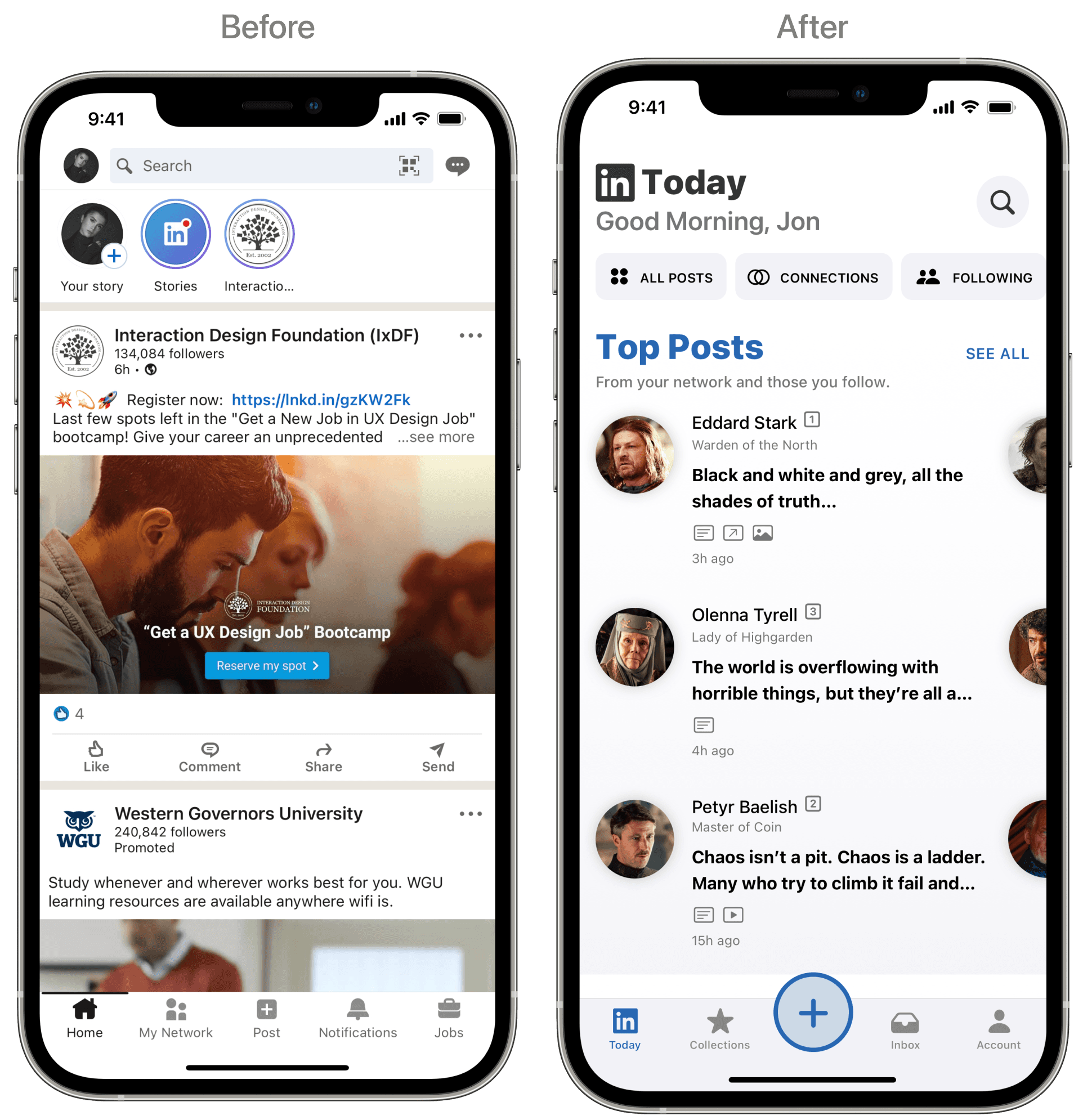 LinkedIn Today screen before and after Jeff Shibasaki's redesign