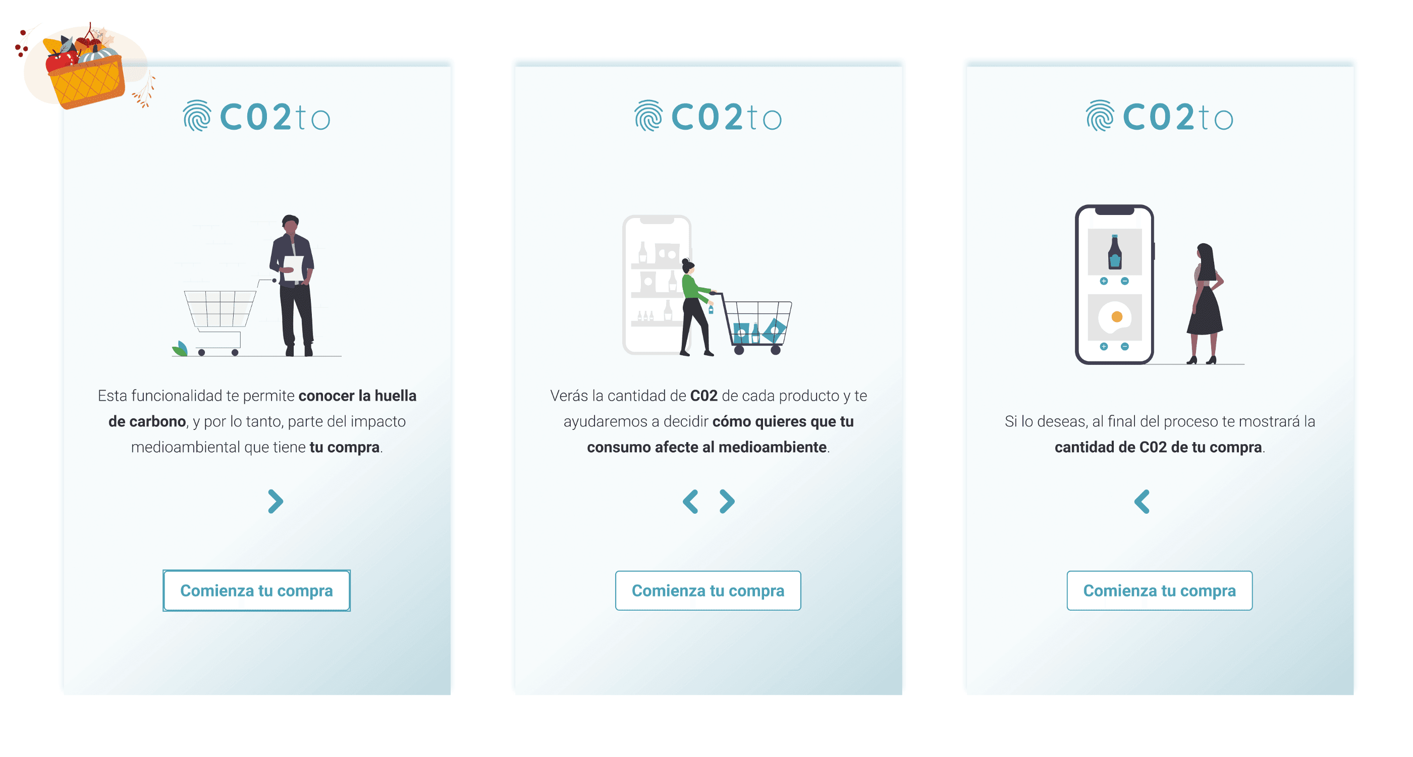 3 pantallas sobre el onboarding de la aplicación CO2to