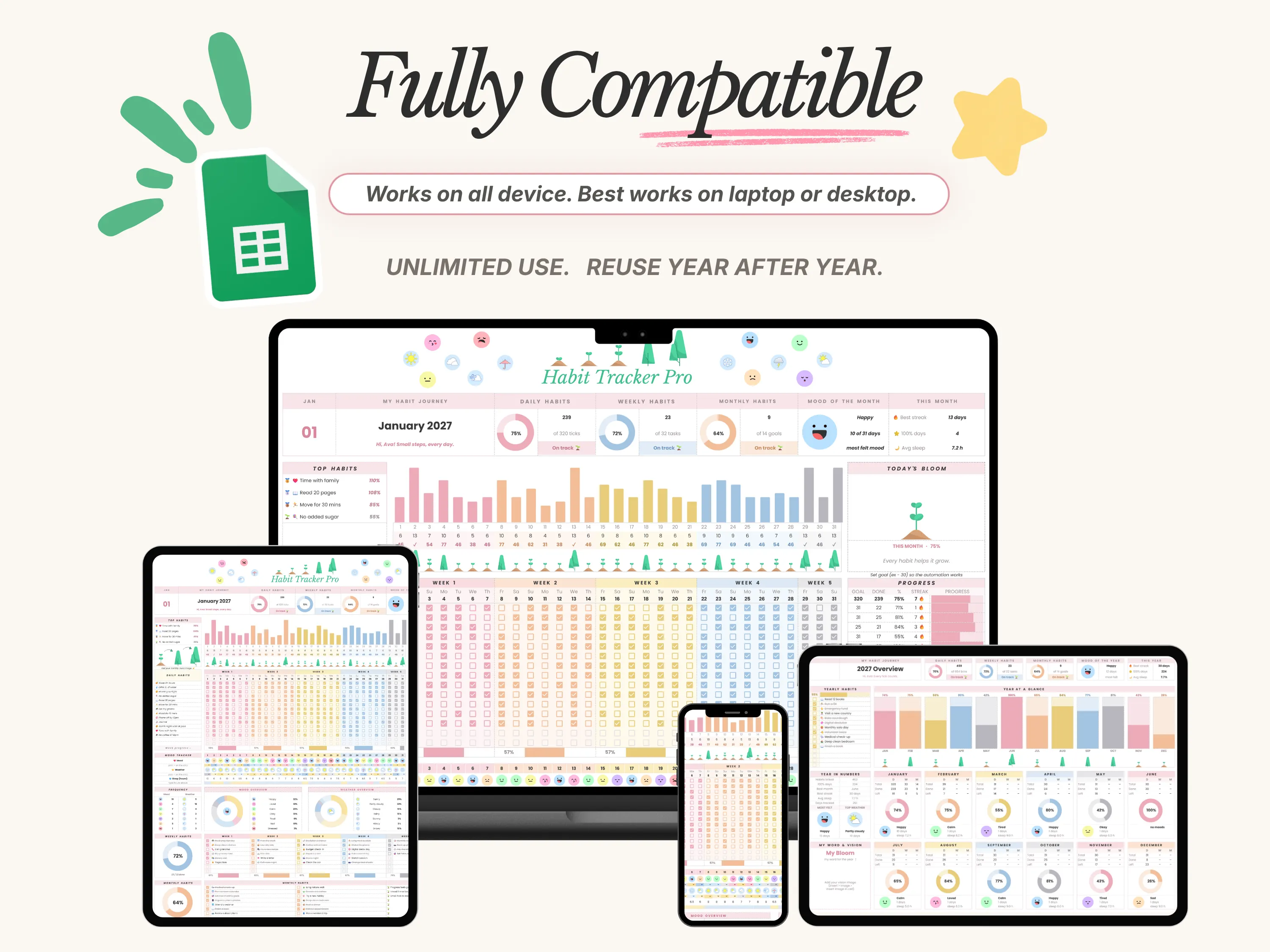 Habit Tracker Pro Google Sheets template shown on laptop, tablet and phone, reusable year after year