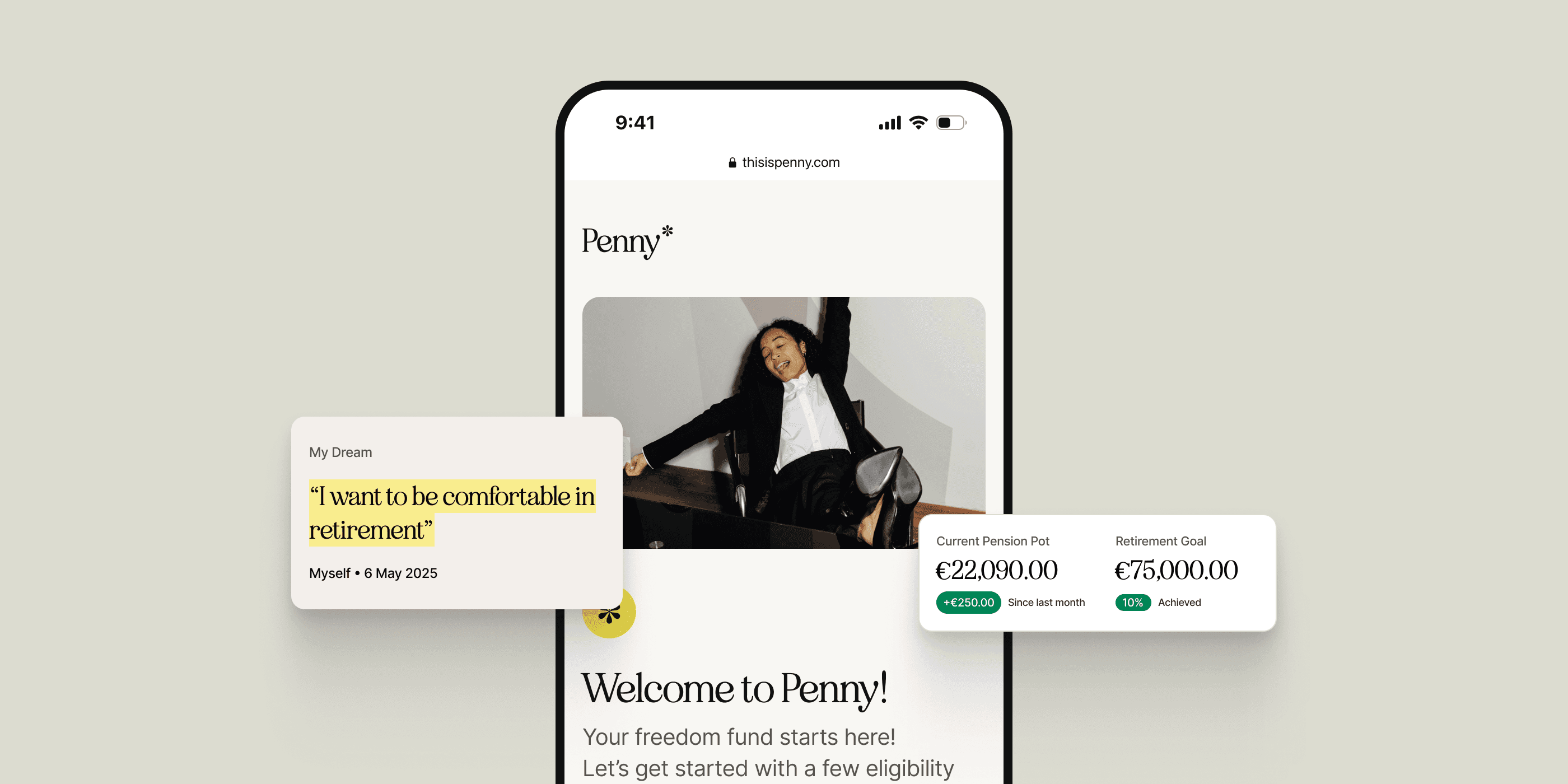 Mobile interface of the Penny platform displaying a user's retirement goal with the statement 'I want to be comfortable in retirement', current pension pot of €22,090, and retirement goal of €75,000, alongside a joyful businesswoman in a modern office setting.
