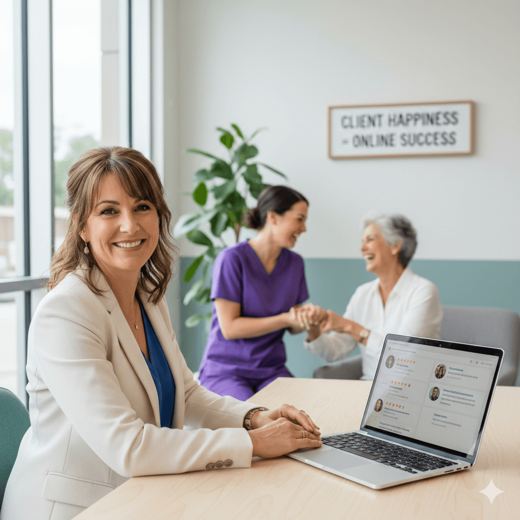 A woman in her 40s sits at a desk with a laptop showing a reviews dashboard, while a caregiver and elderly client smile in the background of a bright, modern office.