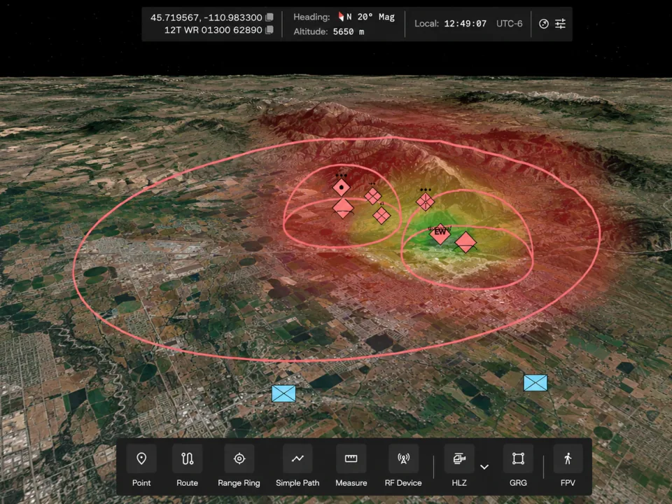 Farsight RF propagation heat map with range rings and EW devices over terrain