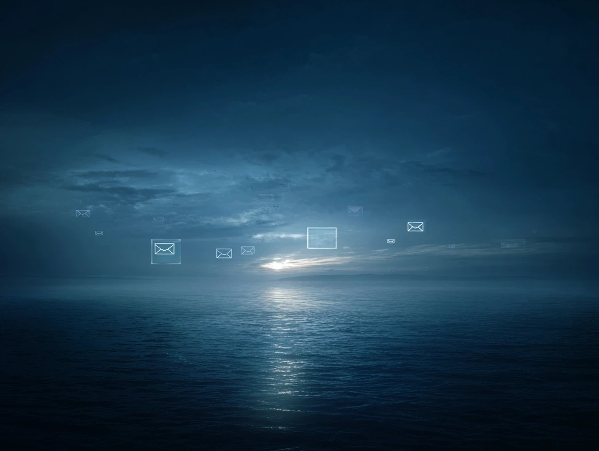 Glowing email symbols floating over dark water, reflecting the sunset sky. Symbolizes online communication.