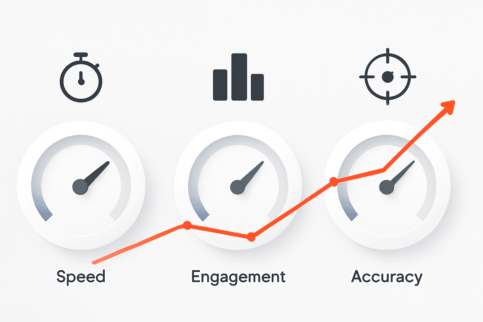 Dashboard-style visualization of rising engagement, accuracy and speed metrics after AEO implementation.