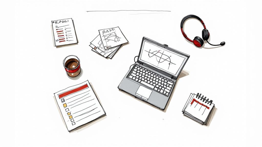 A top-down view of a busy desk with a laptop, headphones, coffee, and papers with notes and graphs.