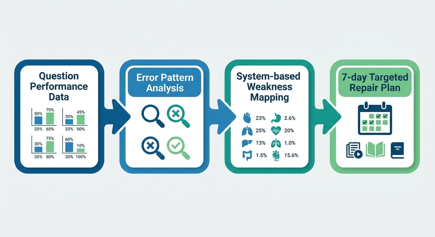 USMLE weak area analysis flowchart from question data to targeted repair plan