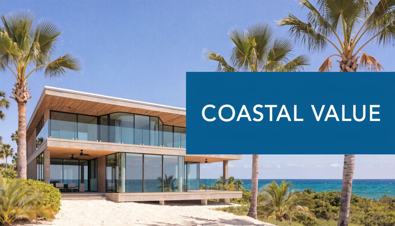 A modern two-story luxury beach house with glass walls and palm trees overlooking the ocean.