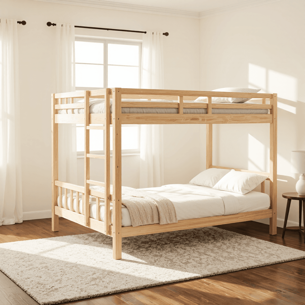 product photography of bunk bed with a ladder and mattresses