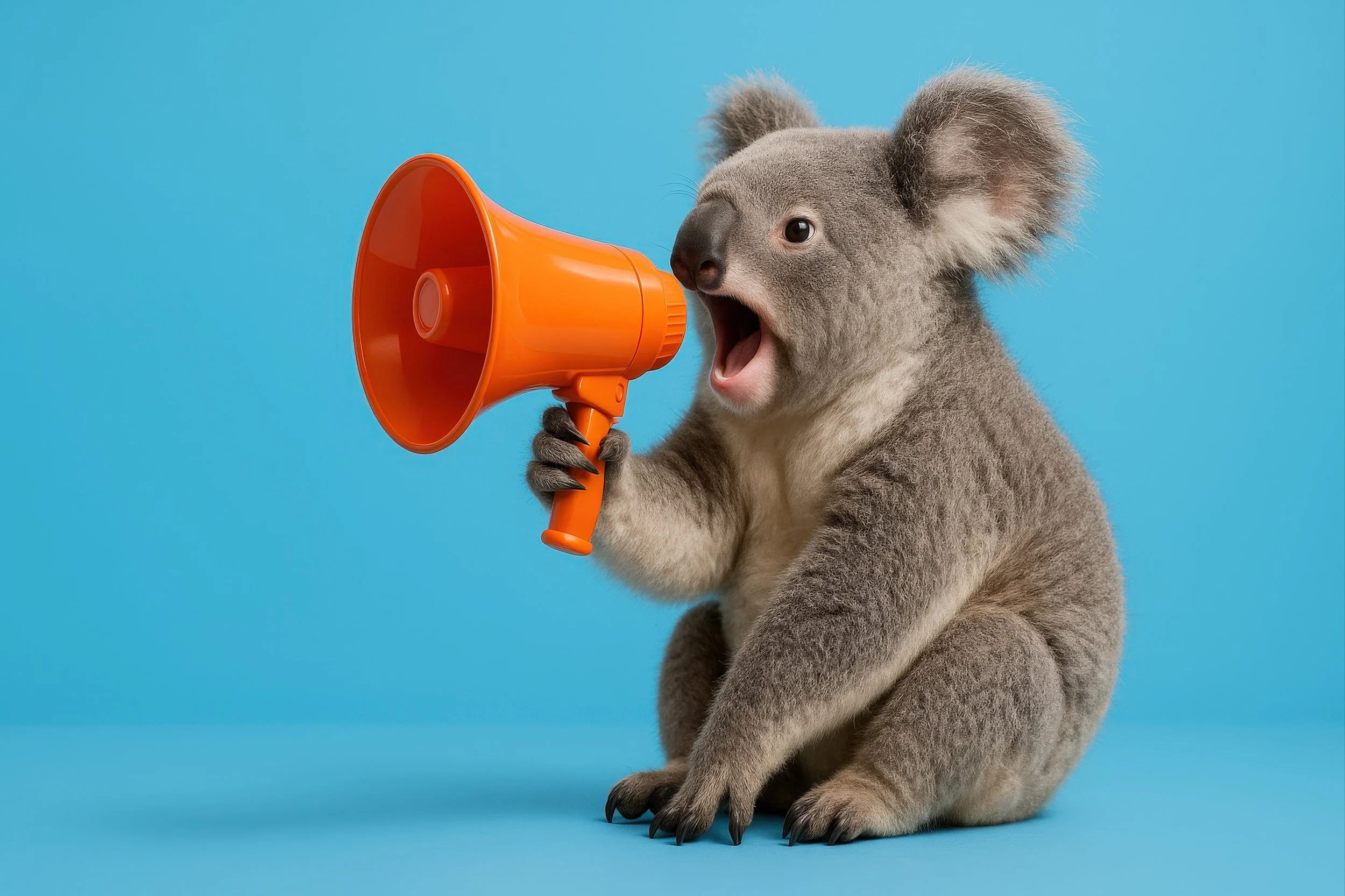 a koala holding an orange microphone
