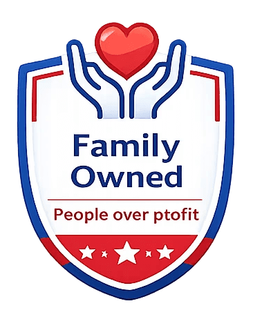 Family Owned, icon of hands holding a heart, trust badge for On Call Medical, family run non emergency medical transportation