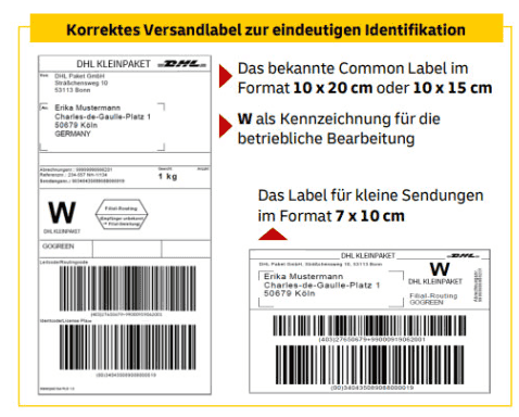 Versandlabel DHL Kleinpaket normal und klein