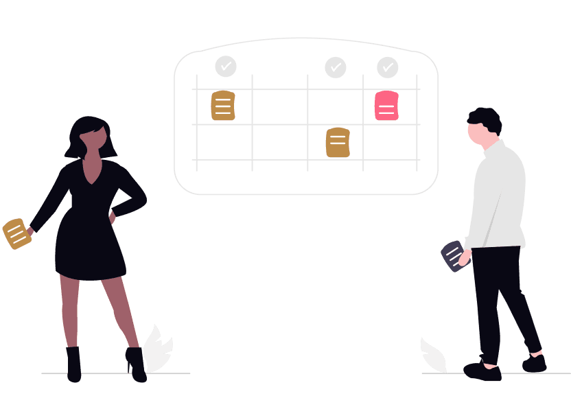 Zwei Personen planen gemeinsam vor einem transparenten Board mit Tasks und Checkboxen - repräsentiert moderne, flexible Arbeitsorganisation und selbstorganisierte Teams