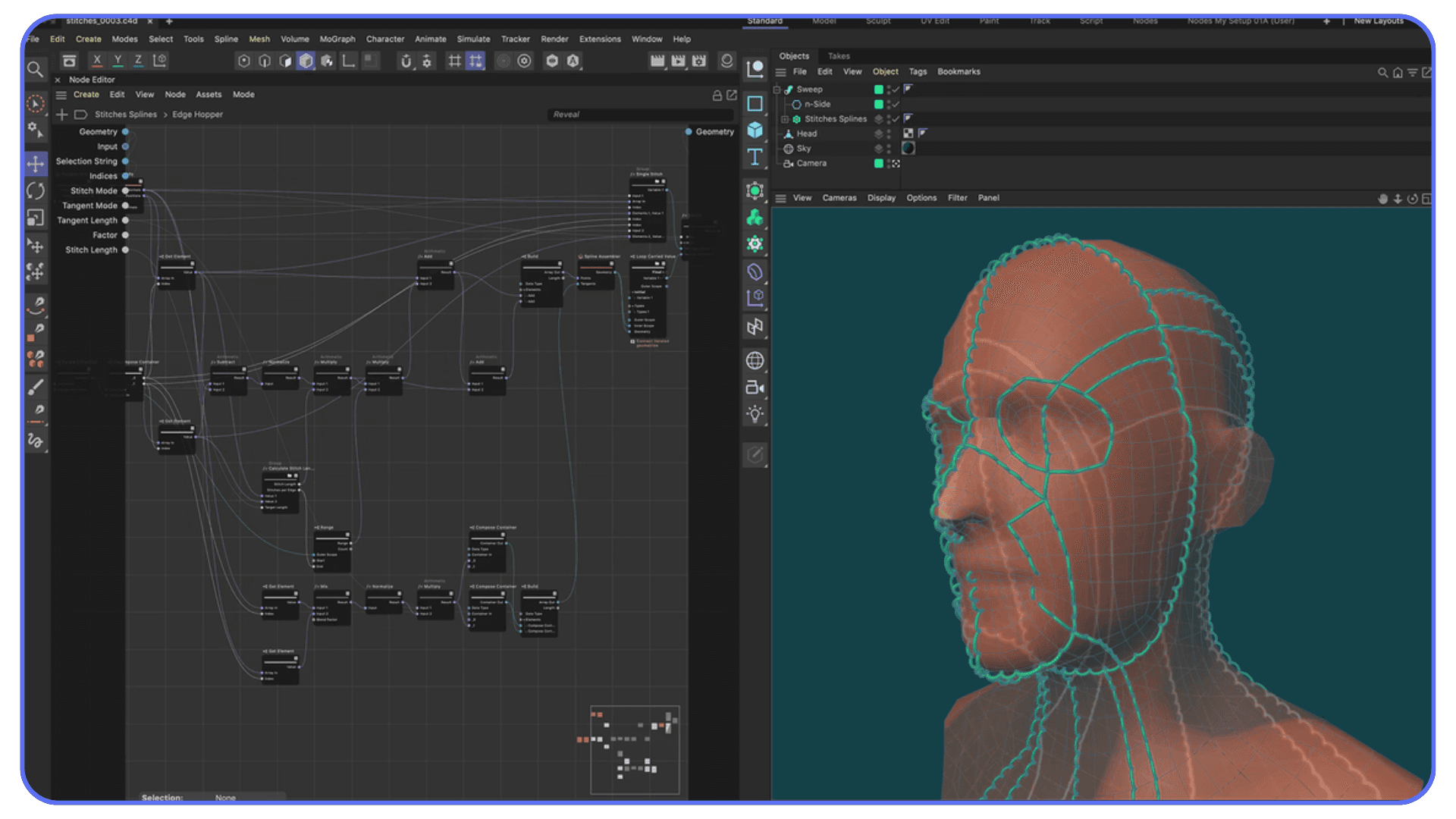 Cinema 4D node setup next to a character head model showing clean topology and edge flow