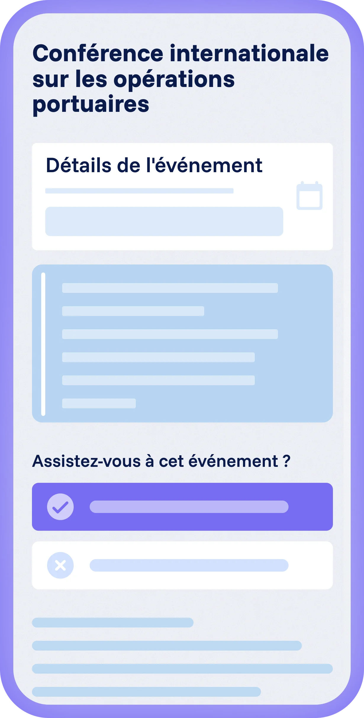 Page d’événement mobile Spencer avec titre de la conférence, informations sur l’événement, champ de date et option RSVP pour confirmer la présence