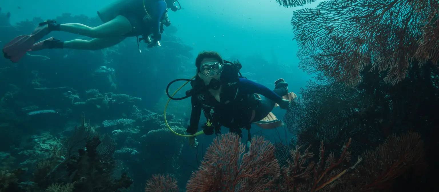 A scuba diver swims past colorful fan corals in Pacific Harbour, Fiji.