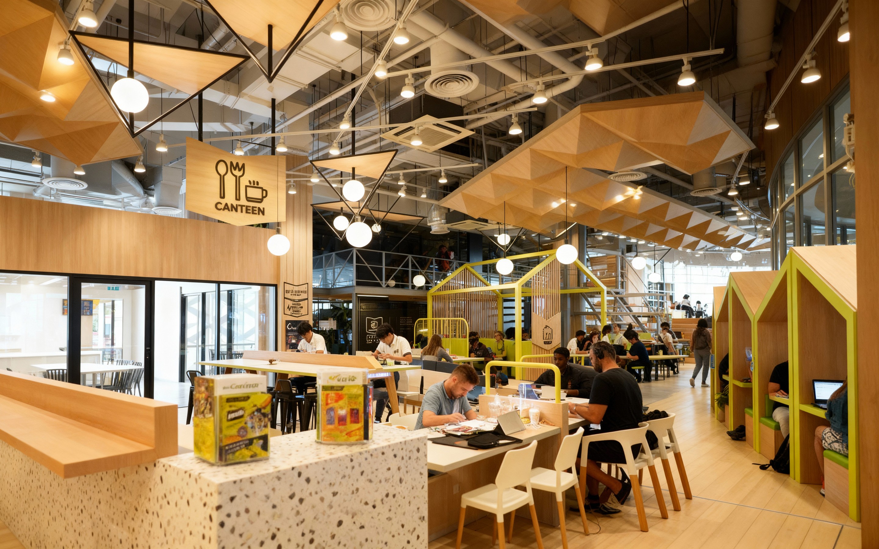 Modern coworking space in Chiang Mai with bright wooden interiors, geometric ceiling panels, communal tables, and professionals working on laptops in a vibrant, creative atmosphere.