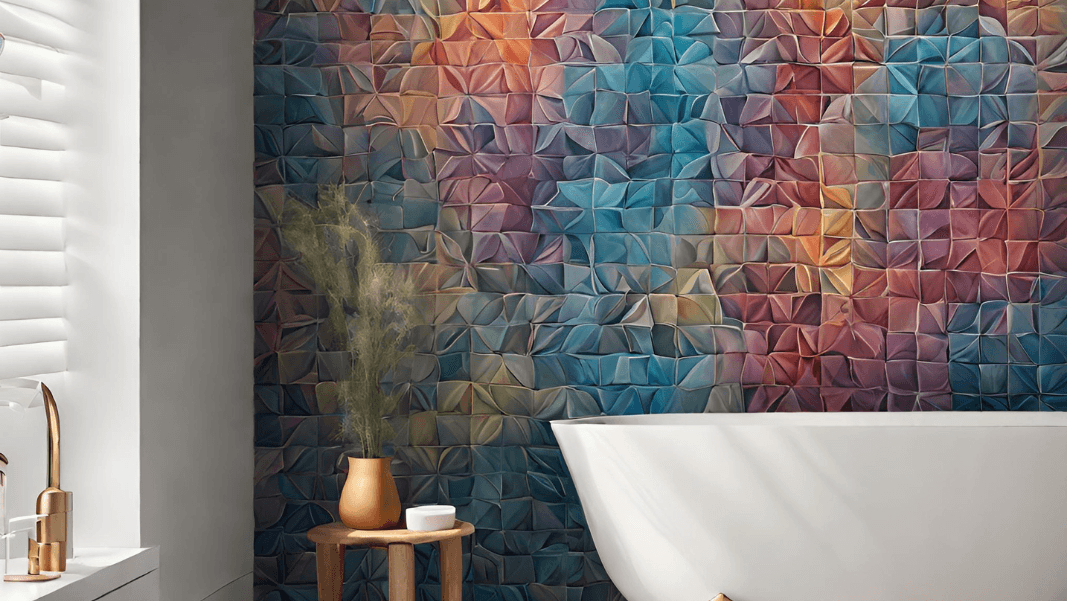 magic plan bathroom accent wall design with textured tiles and bathtub placement