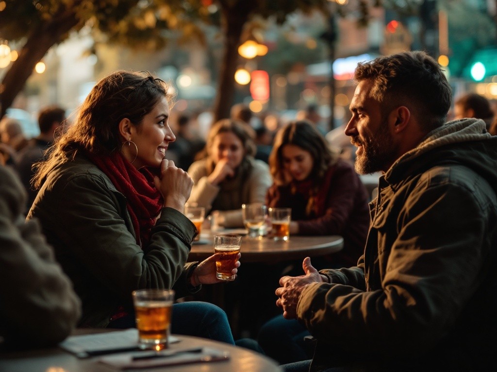 A man and a woman sitting at a table outside a bar, looking at each other.